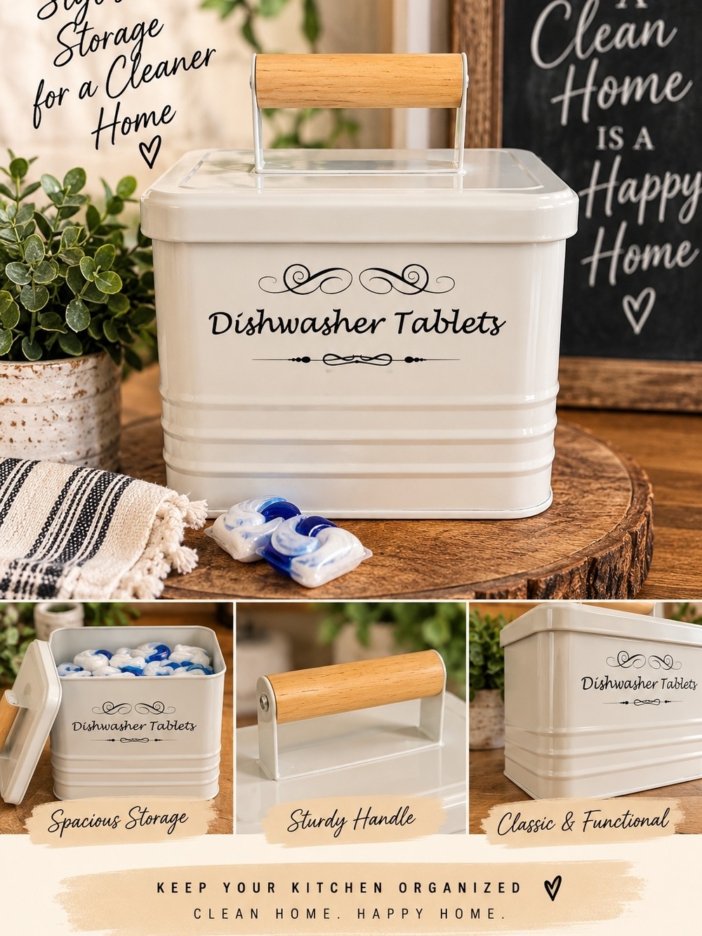Cream Dishwasher Tablets Storage Tin with Wood Handle